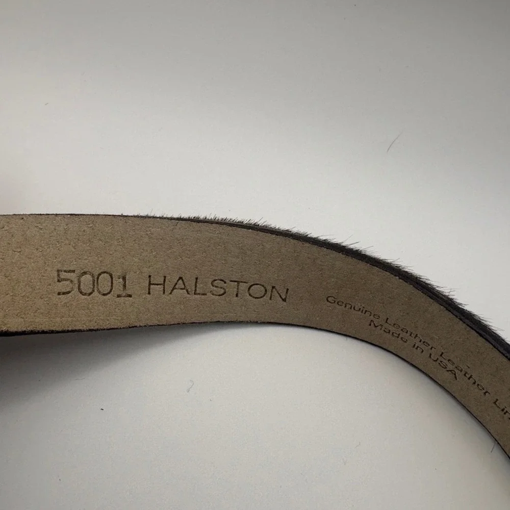 Vtg Halston Dark Brown Calf Hair Leather Belt Solid Brass Buckle Made in USA LG